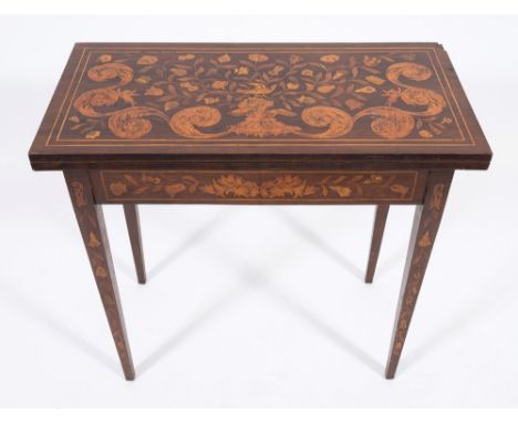 An early 19th century Dutch mahogany and floral marquetry rectangular card table:, bordered with sycamore lines, the baize li