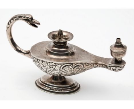 An Edward VII silver table lighter, maker Henry Matthews, Birmingham, 1901: in the form of a Roman oil lamp, with floral deco