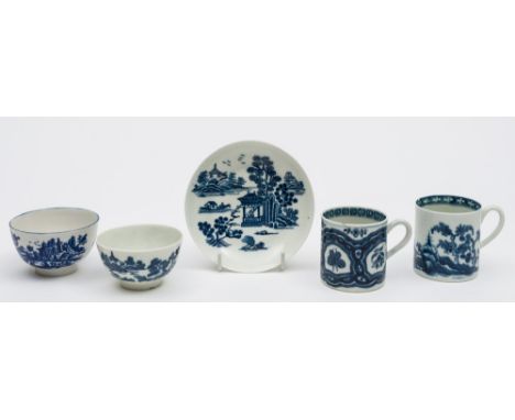 A group of Worcester First Period porcelain: comprising an unusual small mug printed and painted in blue with four lace borde