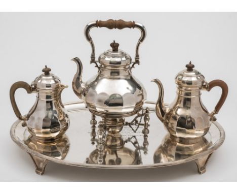 A George V silver four - piece part tea and coffee service, maker Mappin & Webb, London, 1919: monogrammed and inscribed, inc