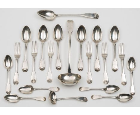 A George IV Scottish silver fiddle and shell pattern part flatware service, maker Andrew Wilkie, Edinburgh, 1822/23:,  compri