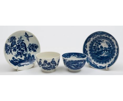 Two Worcester First Period porcelain tea bowls and saucers: one painted in blue with the Birds in Branches pattern, the latte