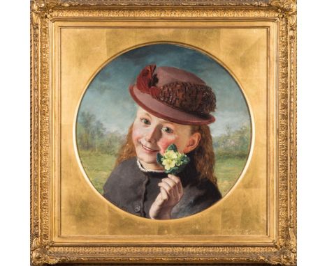 Frederick P. Shuckard [1868-1901]-
The First Posie of Spring:-
signed and dated 1868 twice 
oil on canvas
tondo, 28.5cm.