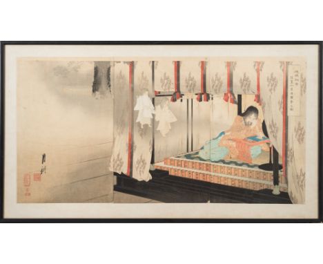 Gekko Ogata, a woodblock triptych print: The Emperor Go-Daigo dreaming of ghosts at his palace in Kasagiyama: 36 X 72cm.

* P