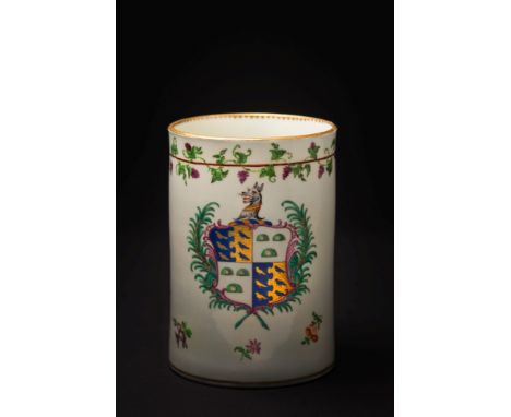 A Worcester [First Period] armorial mug: of cylindrical form with grooved loop handle, decorated in the atelier of James Gile