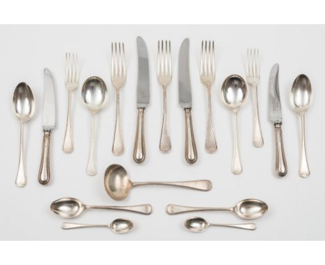 An Elizabeth II silver Hanoverian and feather pattern part flatware service, maker James Dixon & Sons, London, 1983: includes