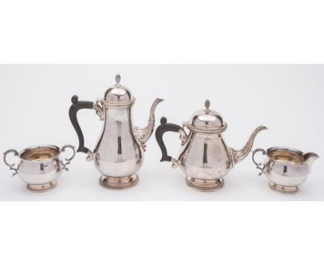 An Elizabeth II  silver four-piece tea and coffee service, maker BES Co, Birmingham, 1975: of baluster form with gadrooned ri
