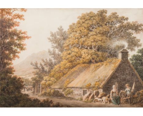Nicholas Pocock [1740-1821]-
Vale of Arklow from Inistioge, Kilkenny,
women spinning and a child playing outside a cottage:
i