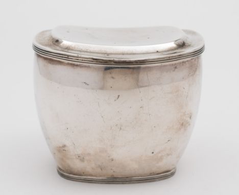 A Victorian silver tea caddy, maker Carrington & Co, London, 1899: in the Georgian style, the shallow domed hinged lid with r