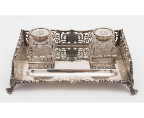 A Victorian silver desk inkstand, maker Thomas Bradbury & Sons, London, 1894: inscribed and initialled, of rectangular outlin