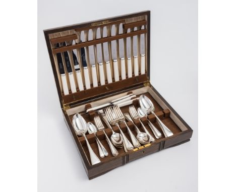 A matched Old English pattern  flatware service, various makers and dates:  includes eight table forks, eight dessert forks, 