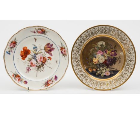 A Nantgarw porcelain botanical plate and an English plate in the French style: the first painted in London with a large centr