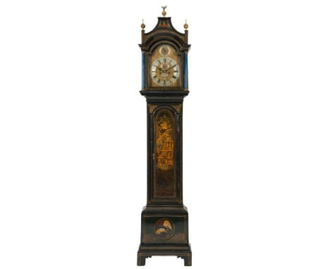 John Lee, London, a lacquered longcase clock: the eight-day duration, five-pillar movement (fifth pillar missing) striking th