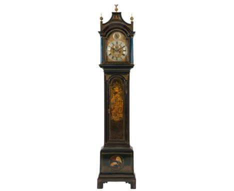 John Lee, London, a lacquered longcase clock: the eight-day duration, five-pillar movement (fifth pillar missing) striking th