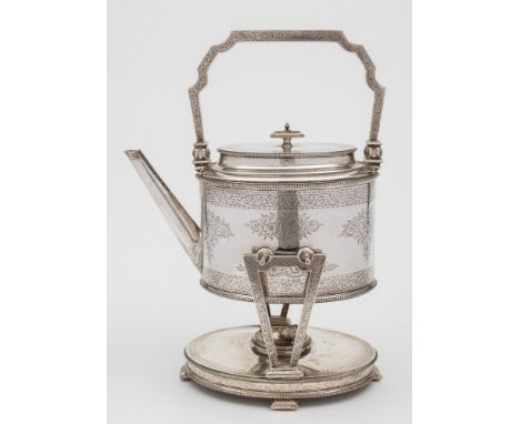 A large Victorian silver spirit kettle, stand and burner, maker Frederick Elkington, Birmingham, 1884: of oval form with bead