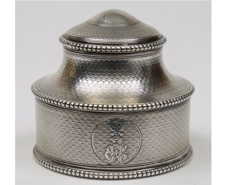 A Victorian silver dressing table jar and cover, maker William Summers, London, 1865: crested and monogrammed, of circular fo