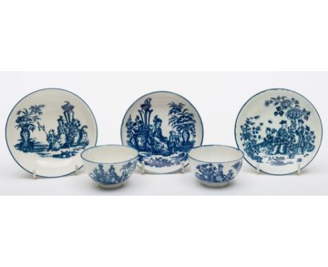 A Worcester First Period tea bowl and saucer and a matching Caughley example: both printed in blue with a version of the Moth