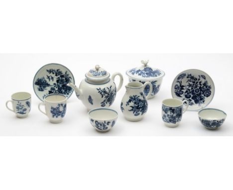 A group of Worcester First Period porcelain tea ware: comprising a teapot and cover, cream jug, cup tea bowl and saucer print