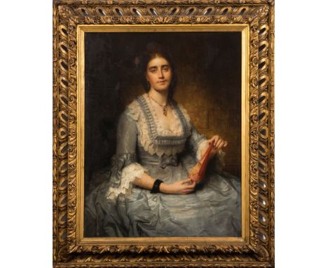 Desire Francois Laugee [1823-1896, French]-
A portrait of Miss Clark, three-quarter length seated:-, with long dark hair ador