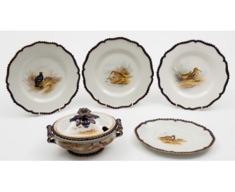 A Royal Worcester porcelain part service: each piece painted with named game birds in landscapes, including Ptarmigan, Grouse