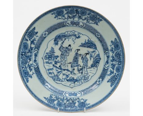 A Chinese porcelain blue and white charger: of circular form painted with three Immortals and a pair of phoenix in a garden l