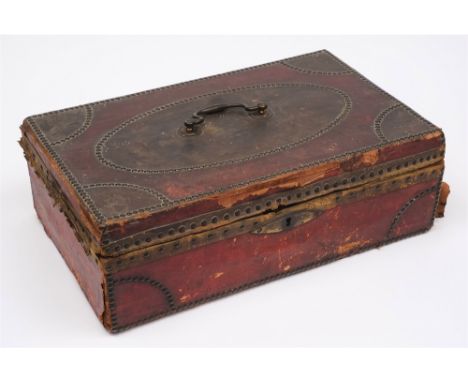 A 19th century Morocco and leather document box: with stud work decoration, loop handle to the hinged top, bears label 'Harri