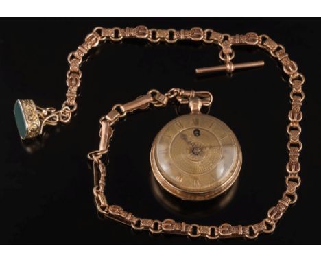 An early 19th century keywound openface pocket watch: with winding through the gold circular dial, 42mm diameter with Roman n