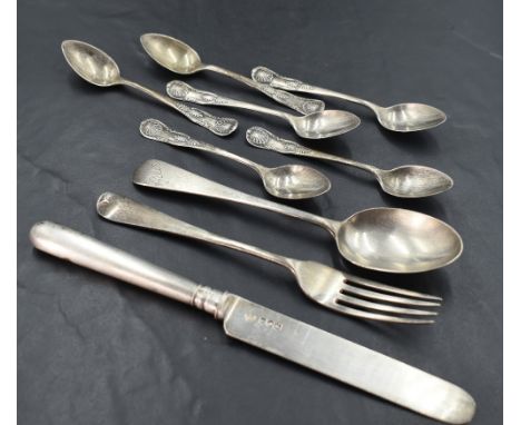 A group of mixed silver flatware and cutlery, comprising a set of six Kings pattern coffee spoons, marks for Birmingham 1888,