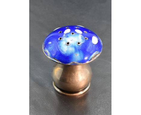 A continental, most likely Danish enamelled white metal mushroom form pepperette, the domed cover guilloche enamelled in blue