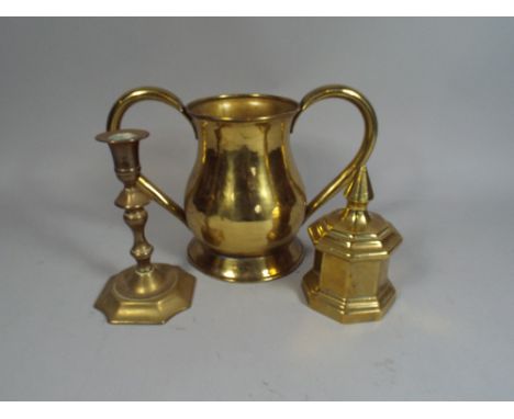 A Collection of Brass Ware to Include Heavy Octagonal Tobacco Pot, Large Two Handled loving Mug, Chestnut Roaster and Candle 