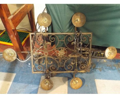 A Heavy Wrought Iron Rectangular Ceiling Light Fitting with Six Branches.