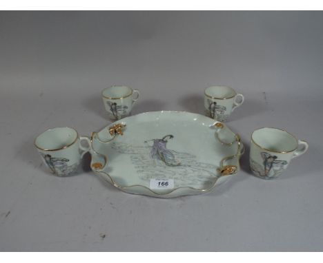 A Japanese Ceramic Tray Decorated with Maiden Together with Four Matching Cups. 