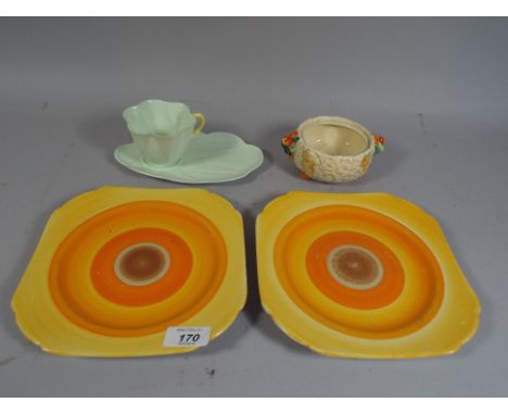 A Shelley Cup and Saucer Together with Clarice Cliff Celtic Harvest Preserve Pot (Missing Lid) and Two Shelley Plates.
