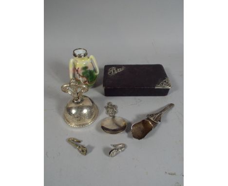 A Silver Mounted Pin Box, Silver Mounted Kangaroo Decorated Three Handled Vase, Tea Caddy Spoon Bell Etc. 