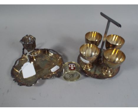 A Collection of Silver Plated Ware to Include Egg Cruet, Bed Chamber Stick, Napkin Ring and Spoon.