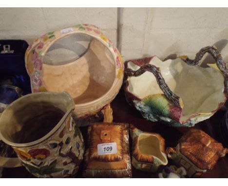A Tray of Ceramics to Include Cottage Tea Service, Woods Indian Tea Tree Jug, Majolica Two Handled Bowl, Arthur Woods Garden 