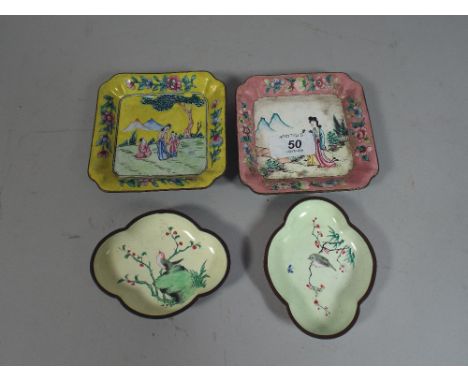A Collection of Two Pairs of Oriental Enamelled Trinket Dishes Depicting Figures and Birds.