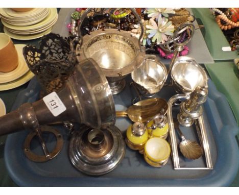 A Tray of Silver Plate Ware to Include Wine Coaster, Candle Stick, Cruet Set, Door Stop, Pepper Pot Etc. 