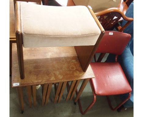 A teak nest of tables, dressing stool, projector screen and a chair (4) Condition Report: Available upon request