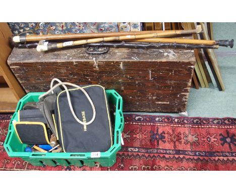 A tool box, various tools and four walking sticks Condition Report: Available upon request