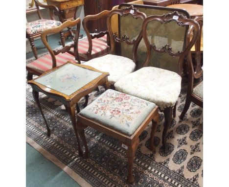 Two Victorian mahogany balloon back chairs, firescreen, stool and side table (5) Condition Report: Available upon request