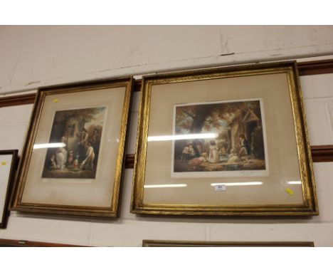 A pair of signed engravings, one depicting children playing by a pond, the other a family sitting beside a cottage 