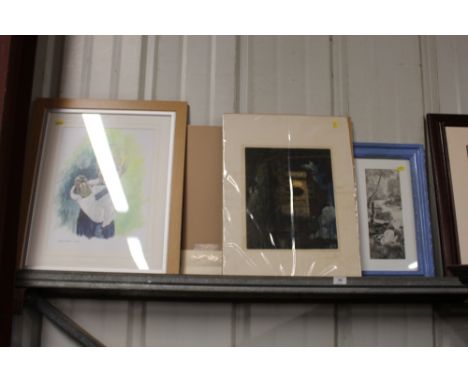 A blue painted wall mirror with two black and white prints; together with two pencil signed prints depicting two figures play