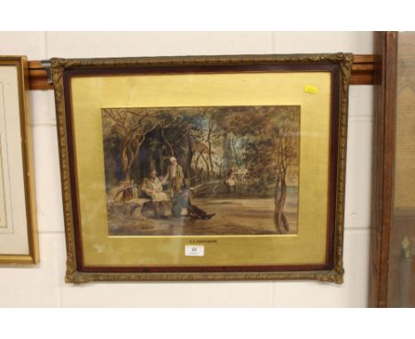 C C Manwaring, watercolour study depicting four gentlemen chatting on a bench, contained in gilt frame 
