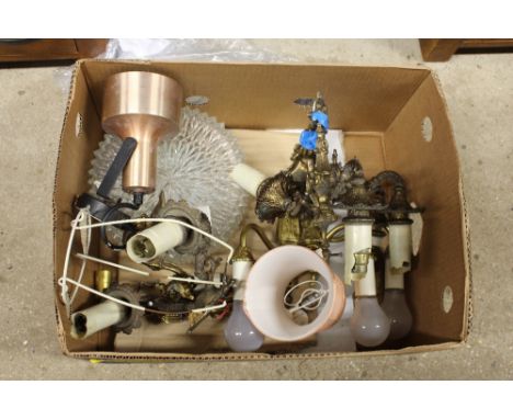 A box of brass light fittings; various table lamps and shades etc. 