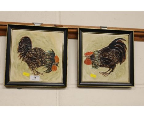 Two Majolica style hand painted ceramic tiles each depicting cockerels