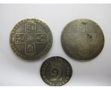 Three Mid XVIII Century GB Silver Coins, includes a 1756 Two Pence, King George II, draped bust left, F; 1757 Sixpence, older