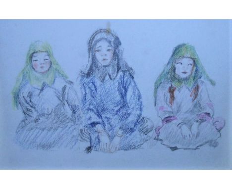APRIL SWAYNE-THOMAS (FL MID 20TH CENTURY) TIBETAN CHILDREN coloured crayon sold together with a watercolour of an indian temp