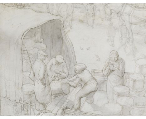 •GEORGE CHARLTON, N.E.A.C. (1899-1979) UNLOADING BARRELS inscribed and dated under mount (1917) pen and ink with pencil 25.5 