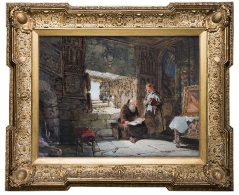 GEORGE CATTERMOLE, OWS (1800-1868) MONKS READING IN A MEDIEVAL INTERIOR watercolour, in an exceptional antique carved-gilt fr